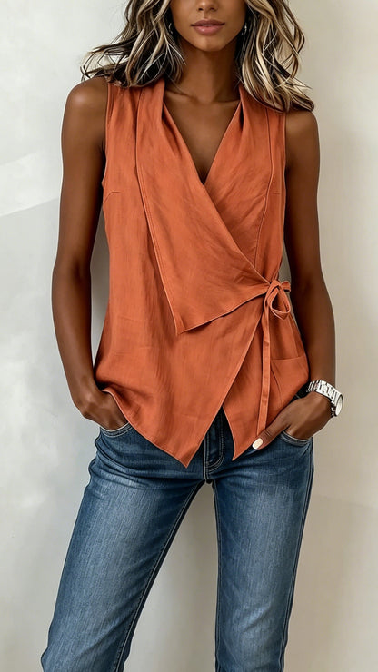 Wrap-Front Tie Cotton-Blend Sleeveless Top