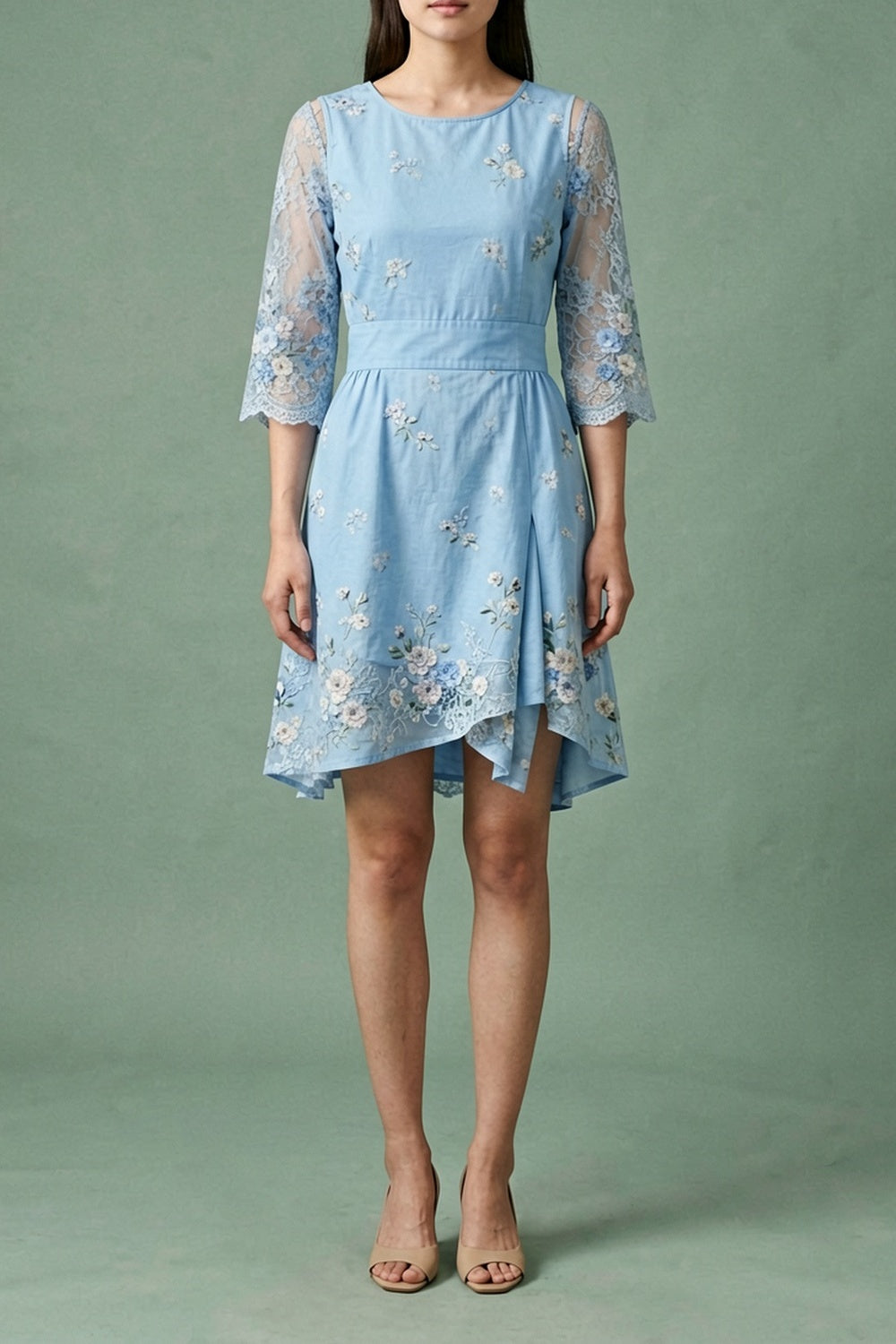 Light Blue Floral Embroidered Dress with Lace Sleeves warm sand breathable viscose crepe or linen blend Two-Piece Set - product view 1