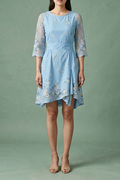 Light Blue Floral Embroidered Dress with Lace Sleeves warm sand breathable viscose crepe or linen blend Two-Piece Set - product view 1