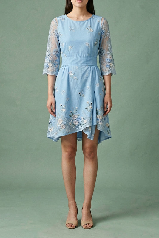 Light Blue Floral Embroidered Dress with Lace Sleeves warm sand breathable viscose crepe or linen blend Two-Piece Set - product view 1