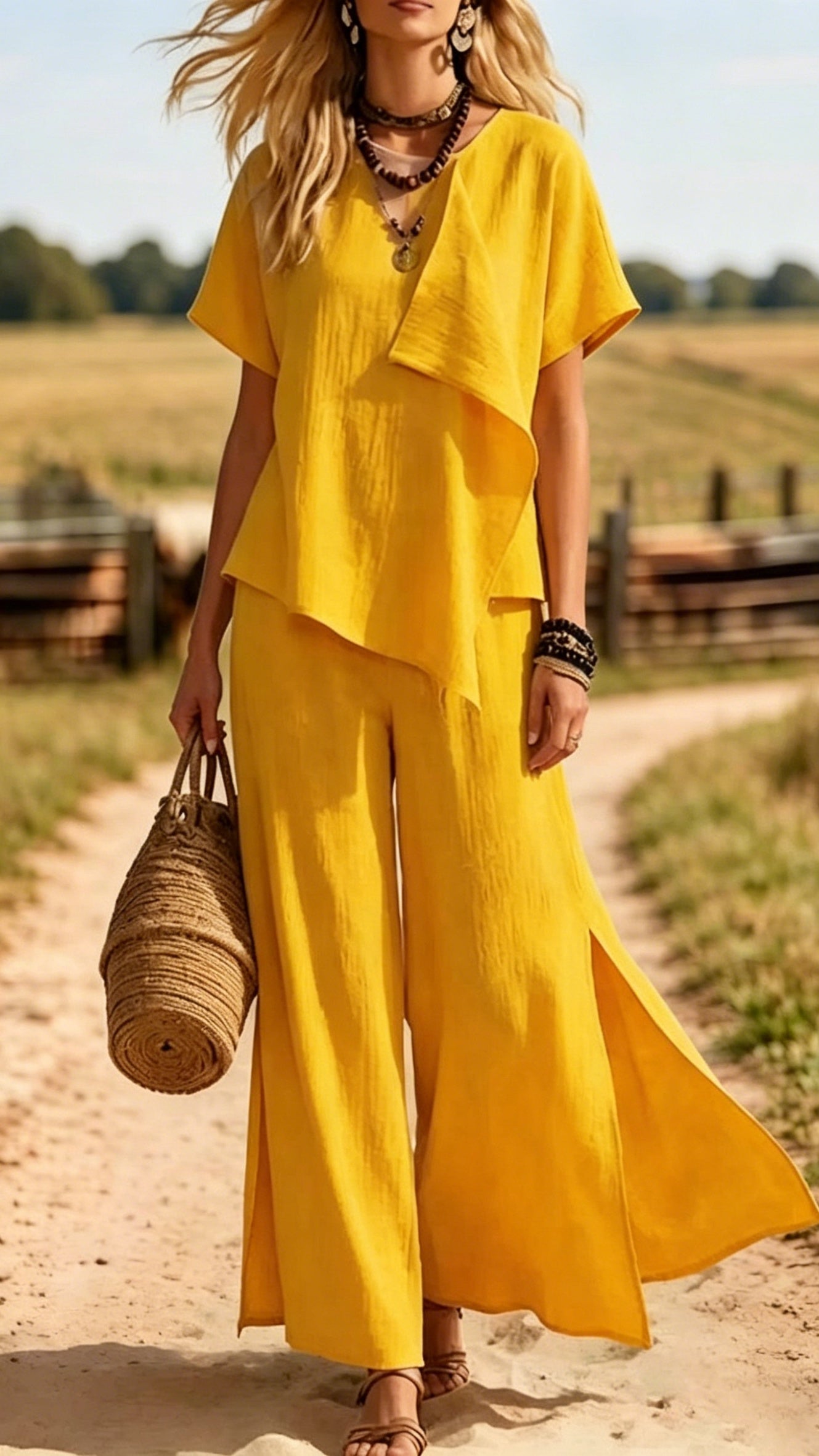 Irregular Short-Sleeve Top &amp; Slit Wide-Leg Pants