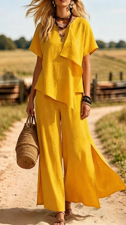 Irregular Short-Sleeve Top &amp; Slit Wide-Leg Pants