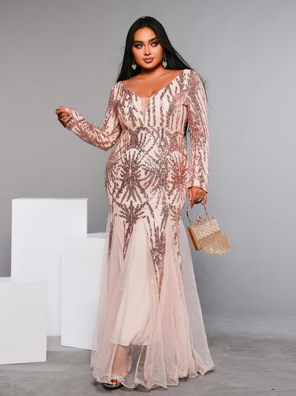 Plus Long Sleeve Sequin Prom Dress
