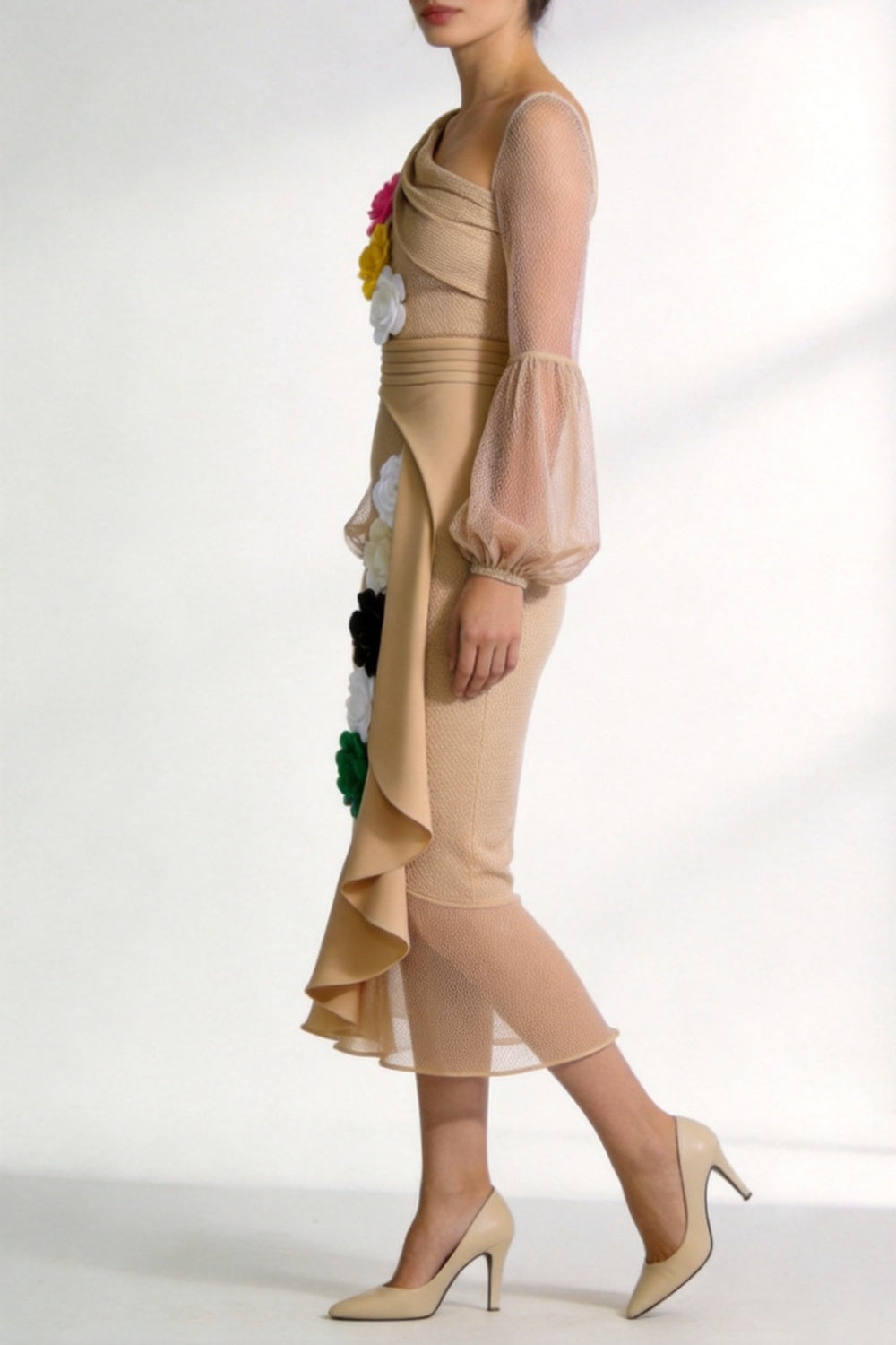 One-Shoulder Floral Appliqué Midi Dress clay red premium compact jersey or fluid Tencel blend Midi Dress - product view 3