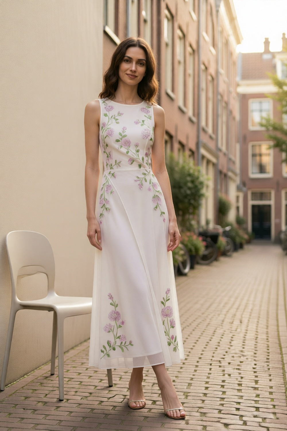 White Sleeveless Crew Neck Asymmetrical Purple Peony Floral Embroidery Sheer Chiffon Flowy Maxi Dress