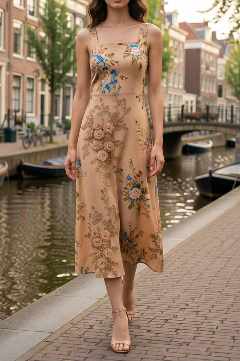 Khaki Multi-Tone Vintage Rose Floral Print Square Neck Thin Spaghetti Strap Satin Midi Slip Dress