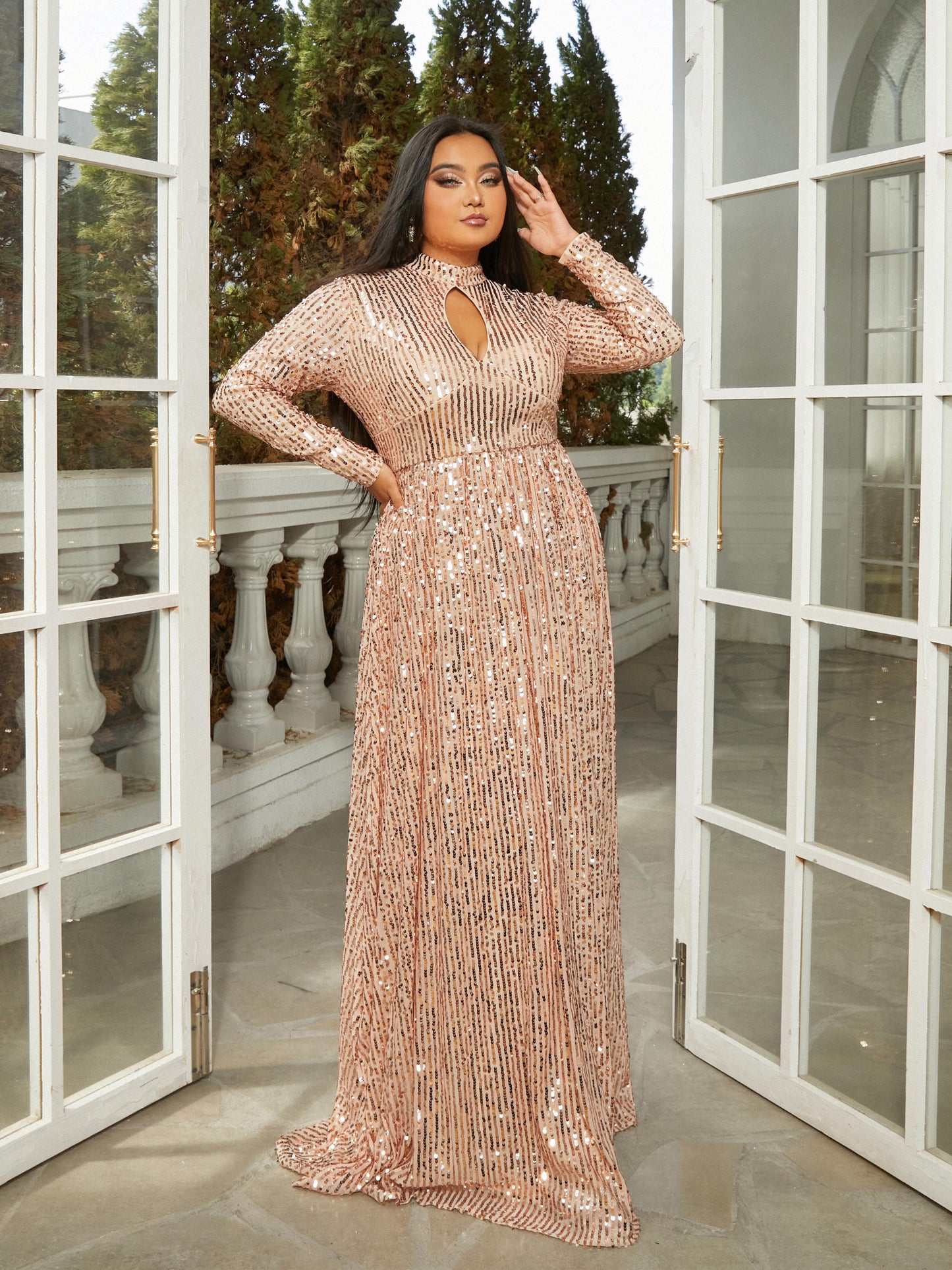 Plus Cutout Sequin Apricot Prom Dress