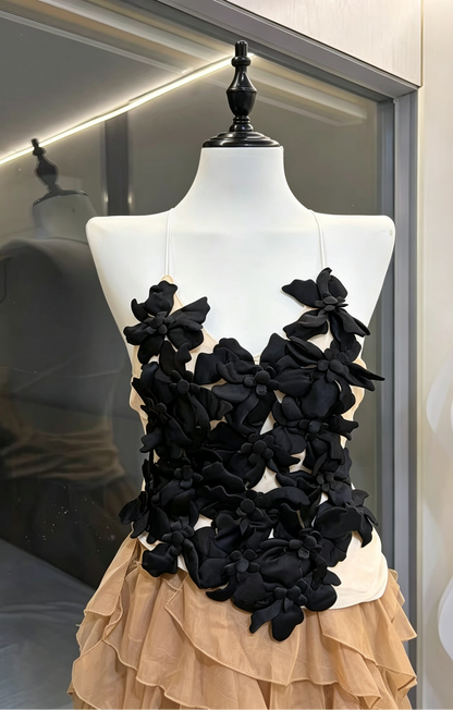 Nude Sheer Strap Black 3D Floral Corset Top & High Low Ruffle Tulle Skirt Set