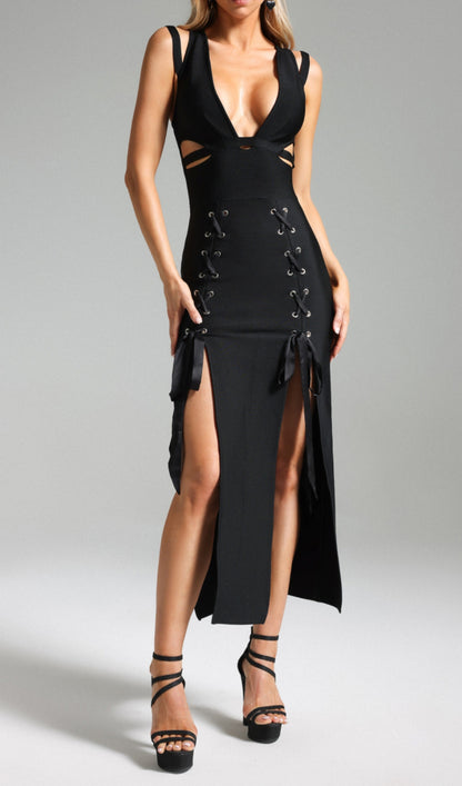 Lace-up V neckline midi dress in black