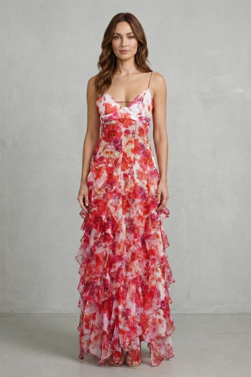 Fiorella – Watercolour bloom flow – Ruffled chiffon maxi dress