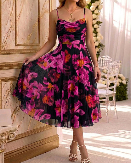 Vintage Oil Painting Floral Print Cowl Neck Adjustable Spaghetti Straps A Line Dress Elegant Cinched Waist Zipper Back Party Dress