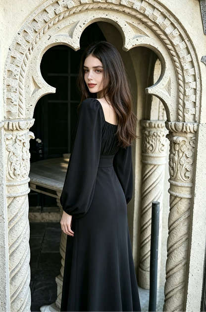 Square Neck Puff Long Sleeve High Waist Eco Recycled Cotton Dress - Black