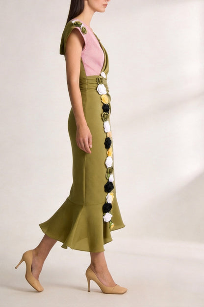 Olive Green Asymmetrical One-Shoulder Midi Dress with Floral Appliqué cobalt accent matte satin or fine cotton sateen Blouse - product view 3