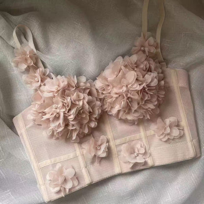 Blush Spaghetti Strap 3D Floral Corset Top & High Low Tiered Tulle Skirt Set