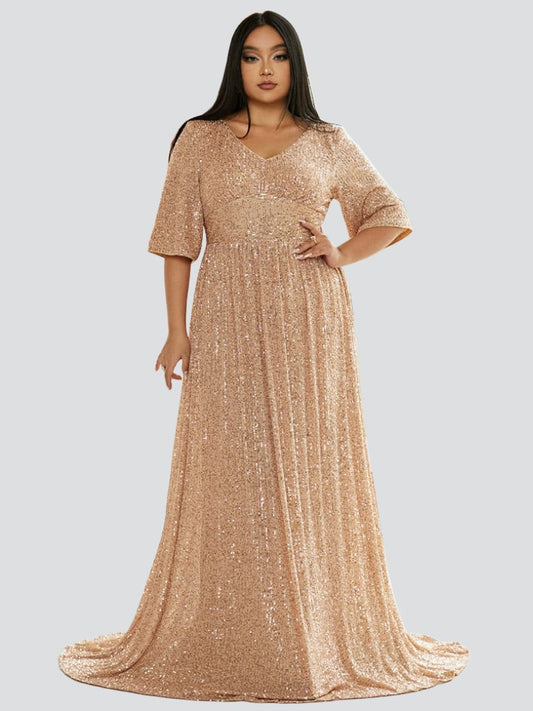 Plus V Neck Sequin Apricot Evening Dress