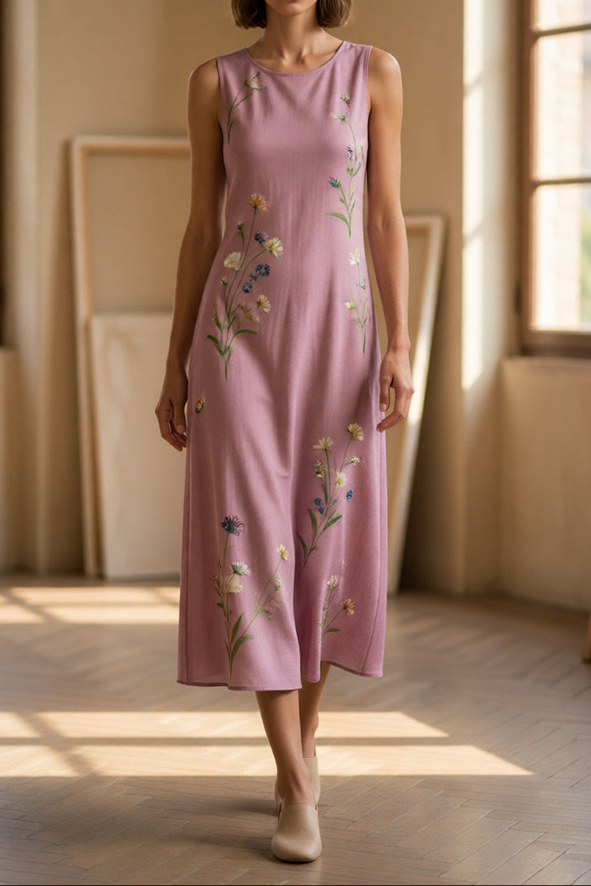 Dusty Pink Crew Neck Sleeveless Vertical Wildflower Print Slim Straight Midi Dress