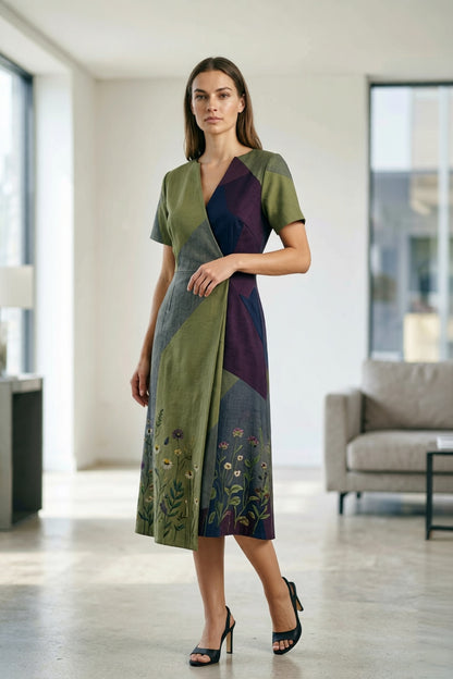 Linen Cotton Midi Dress with Abstract Color Block Design & Botanical Floral Hem