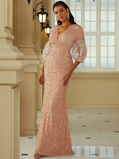 Lantern Sleeve Sequin Prom Dress