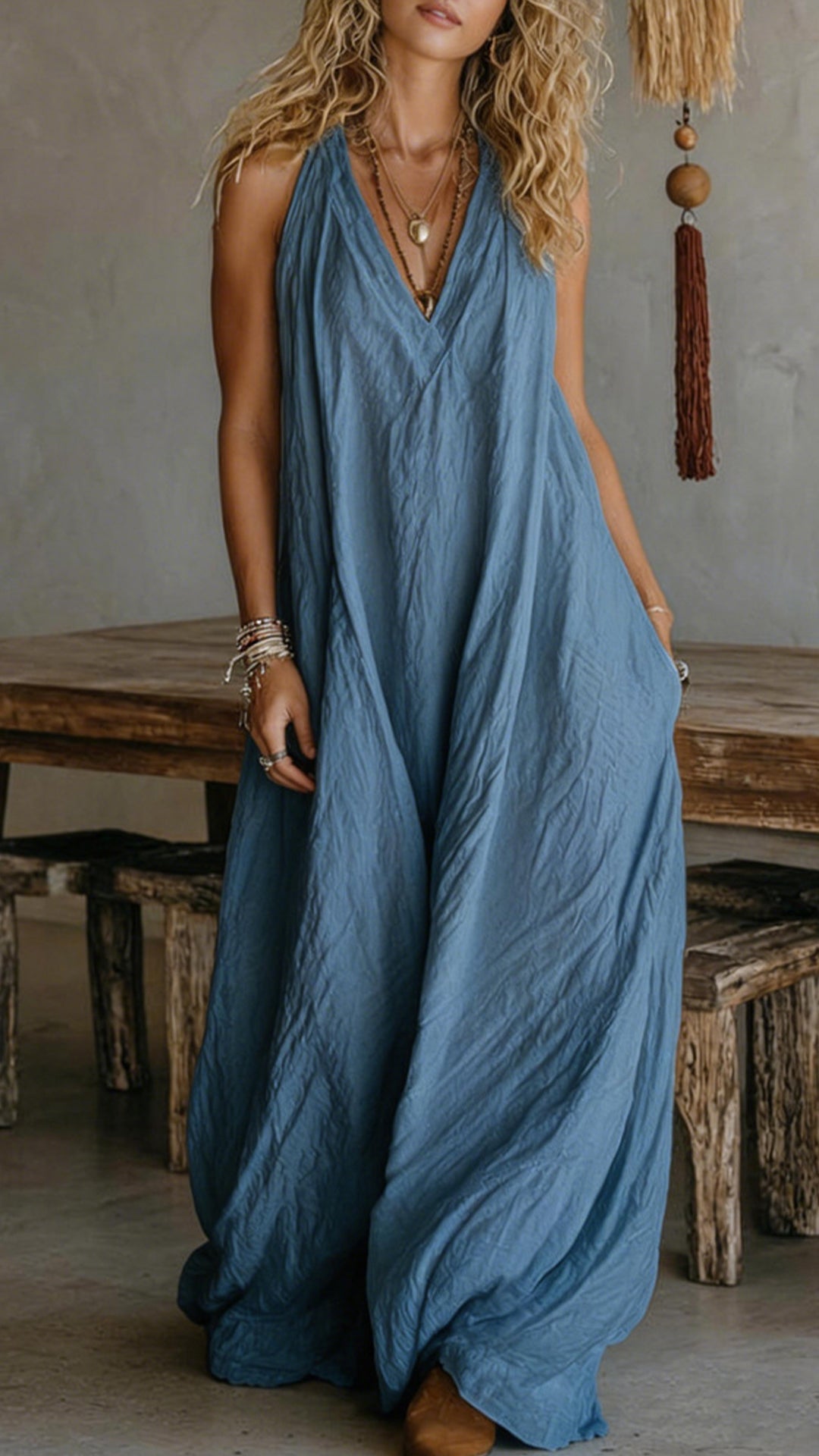 Halter V-Neck Linen-Blend Maxi Dress