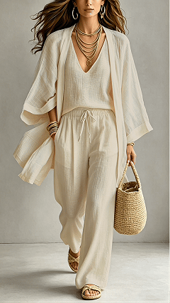 Women's Linen-Blend Three-Piece Set (Kimono + Tank + Shorts)