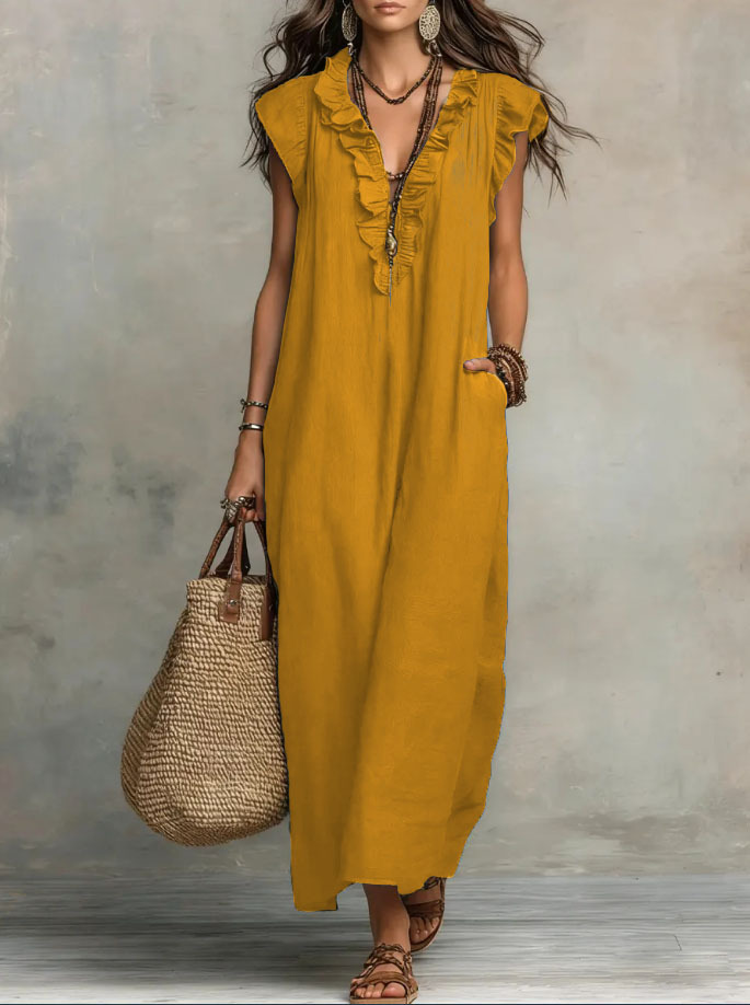 Cotton-Blend Ruffle V-Neck Maxi Dress