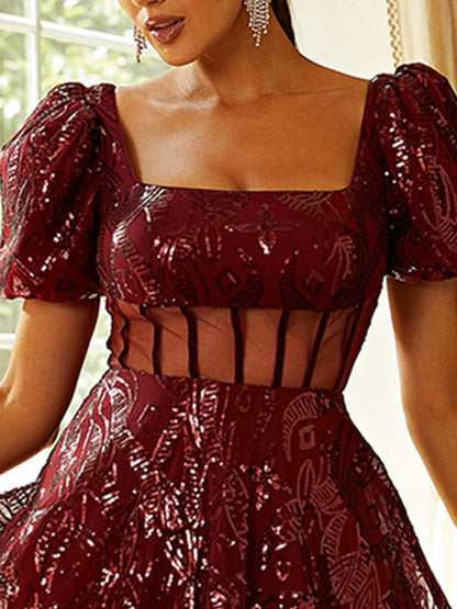Square Neck Short Sleeve Sequin Red Mini Dress