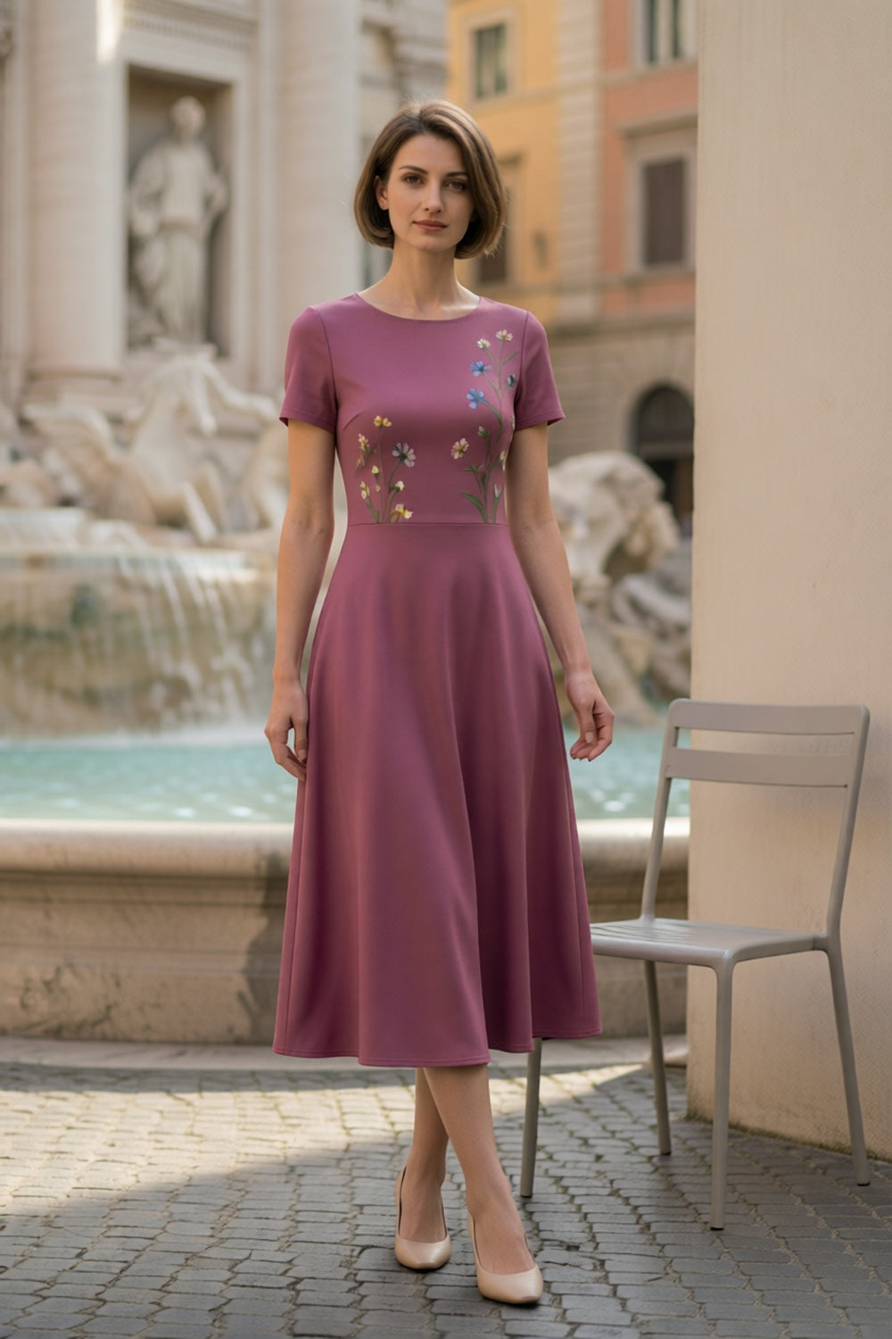 Mauve Crew Neck Short Sleeve Colorful Wildflower Embroidery Flared A-Line Midi Dress