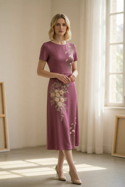 Dusty Purple Round Neck Short Sleeve Asymmetrical 3D Cream Rose Floral Embroidery Slim Flared Midi Dress