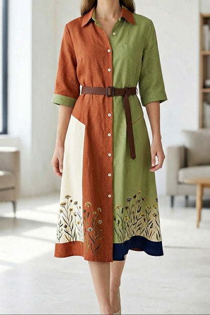 Linen Cotton Shirt Dress with Botanical Print, Color Block Design & Waist Belt