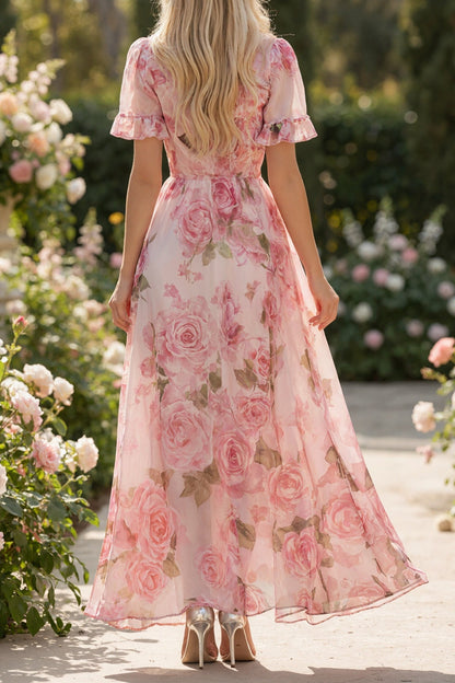 Watercolor Pink Rose Print Chiffon Deep V Ruffle Short Sleeve Smocked Waist Maxi Dress