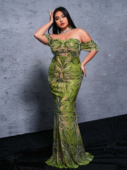Plus Off Shoulder Florid Mermaid Sequin Dress