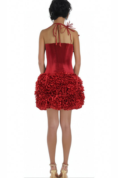 velvet corset floral mini skirt suit in red