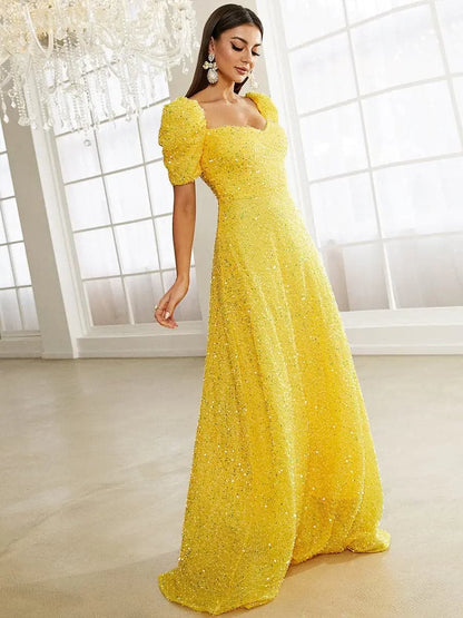 Light Yellow Puff Sleeve Sequin Maxi Dress
