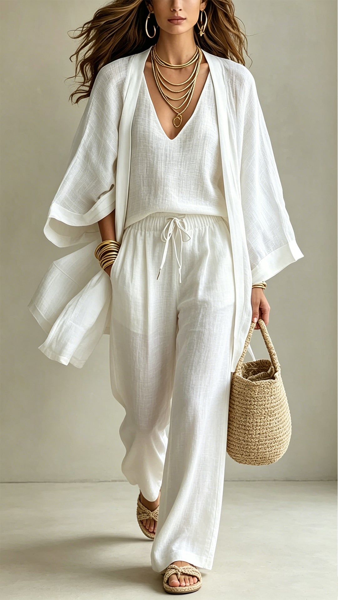 Women's Linen-Blend Three-Piece Set (Kimono + Tank + Shorts)