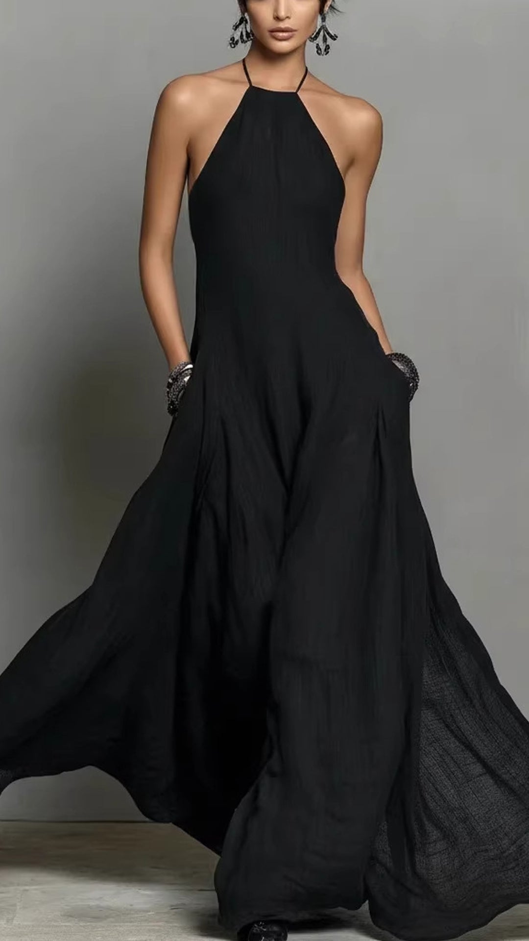 sleeveless linen halter-Neck Loose maxi Dress
