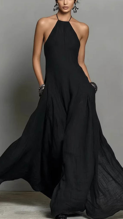 sleeveless linen halter-Neck Loose maxi Dress