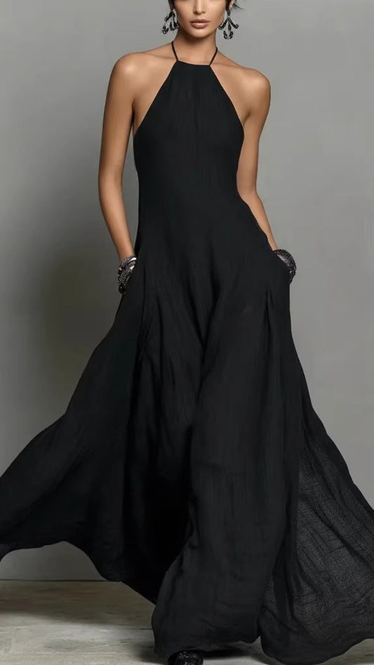 sleeveless linen halter-Neck Loose maxi Dress