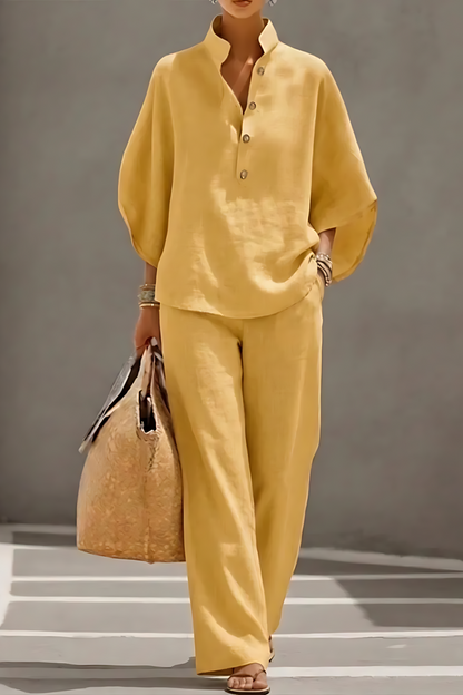 Women’s Batwing Sleeve Linen Cotton Two-Piece Set – Casual Shirt & Wide Leg Pants Outfit