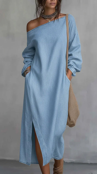 Women's Collared Short-Sleeve Denim Loose-Fitting Mini Dress