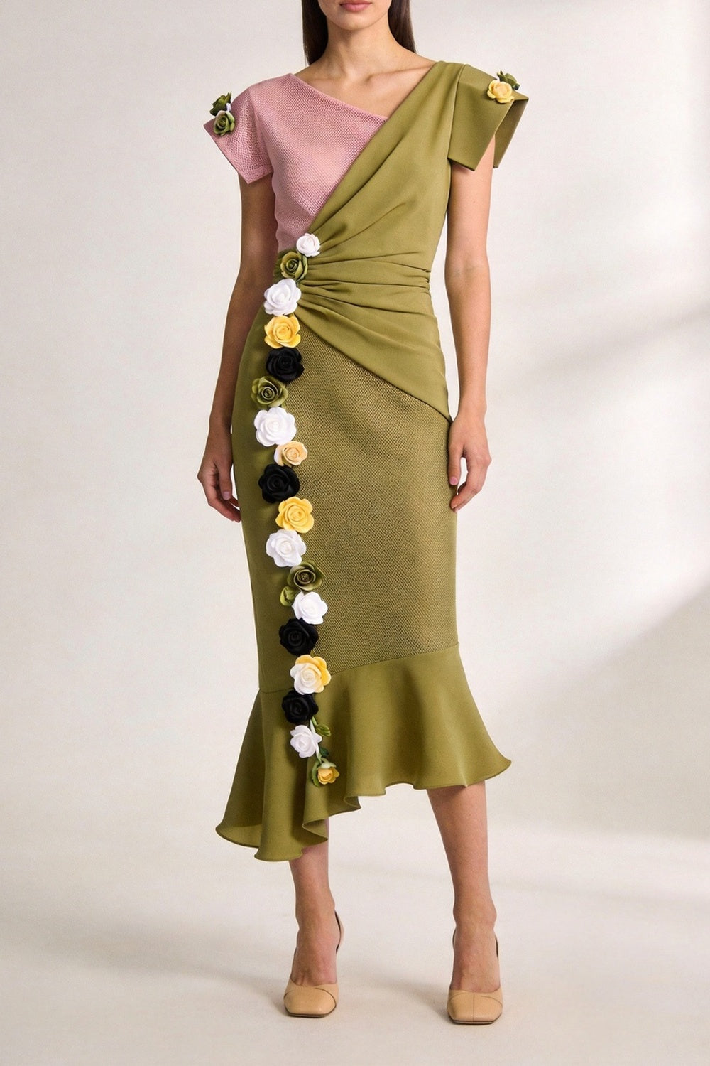 Olive Green Asymmetrical One-Shoulder Midi Dress with Floral Appliqué cobalt accent matte satin or fine cotton sateen Blouse - product view 1