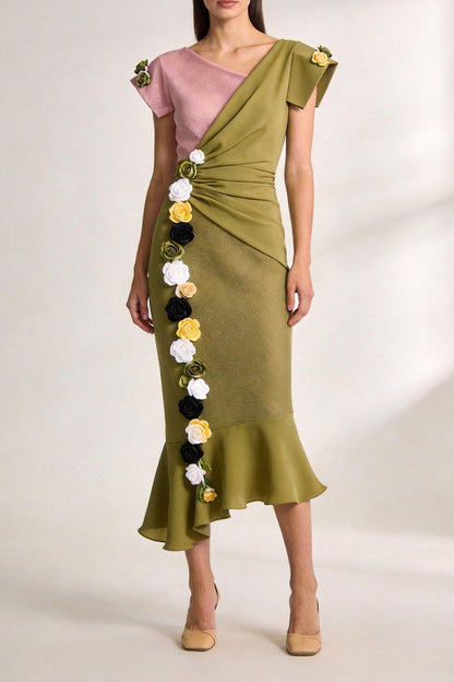 Olive Green Asymmetrical One-Shoulder Midi Dress with Floral Appliqué cobalt accent matte satin or fine cotton sateen Blouse - product view 1