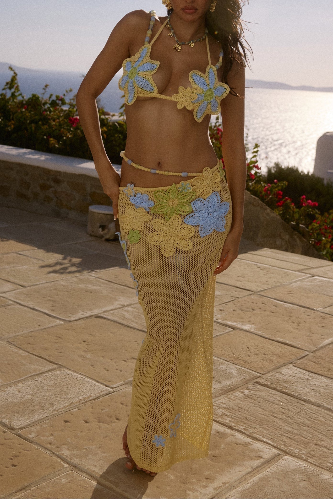 floral Crochet Maxi top & maxi Skirt set - yellow