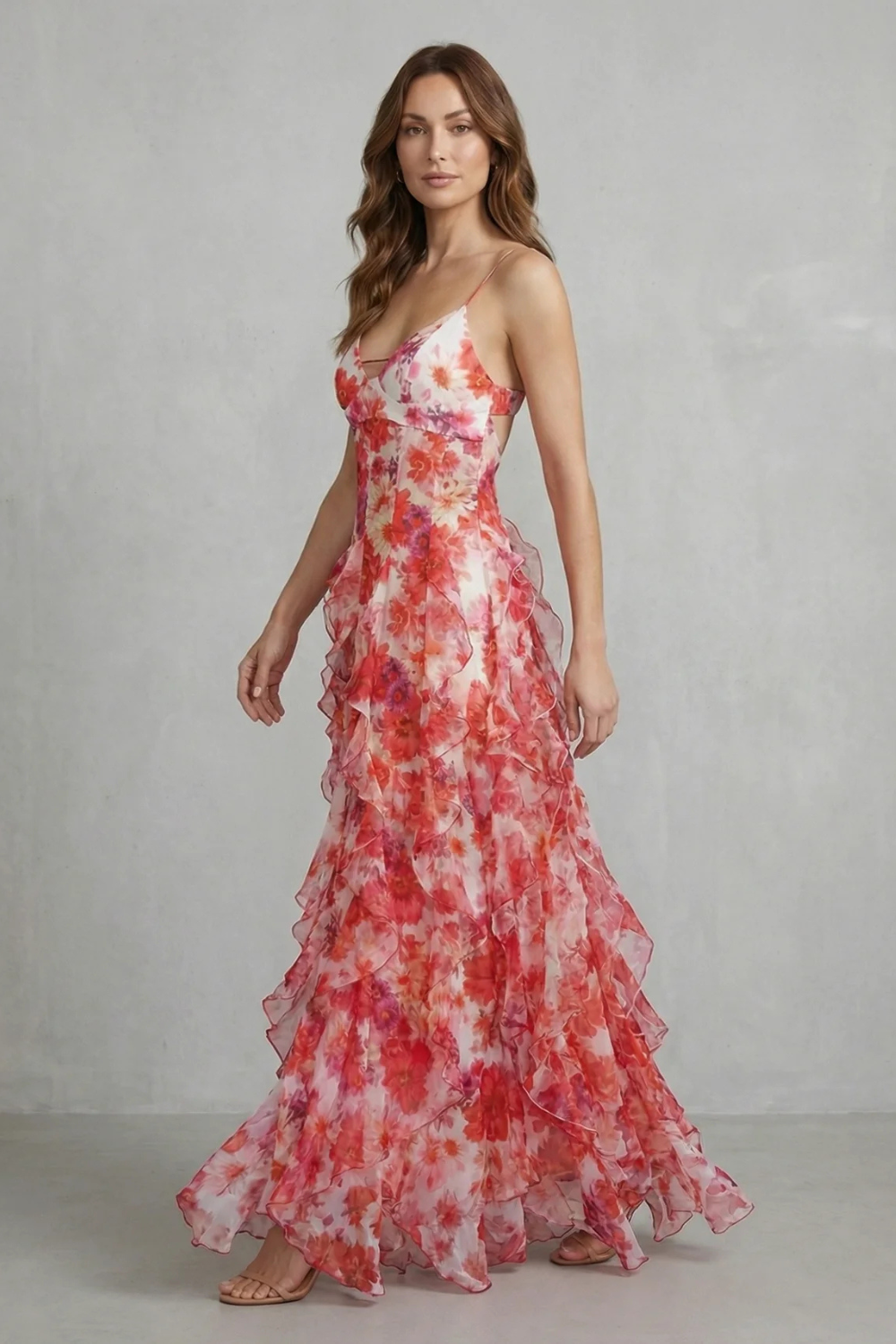 Fiorella – Watercolour bloom flow – Ruffled chiffon maxi dress