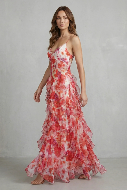 Fiorella – Watercolour bloom flow – Ruffled chiffon maxi dress