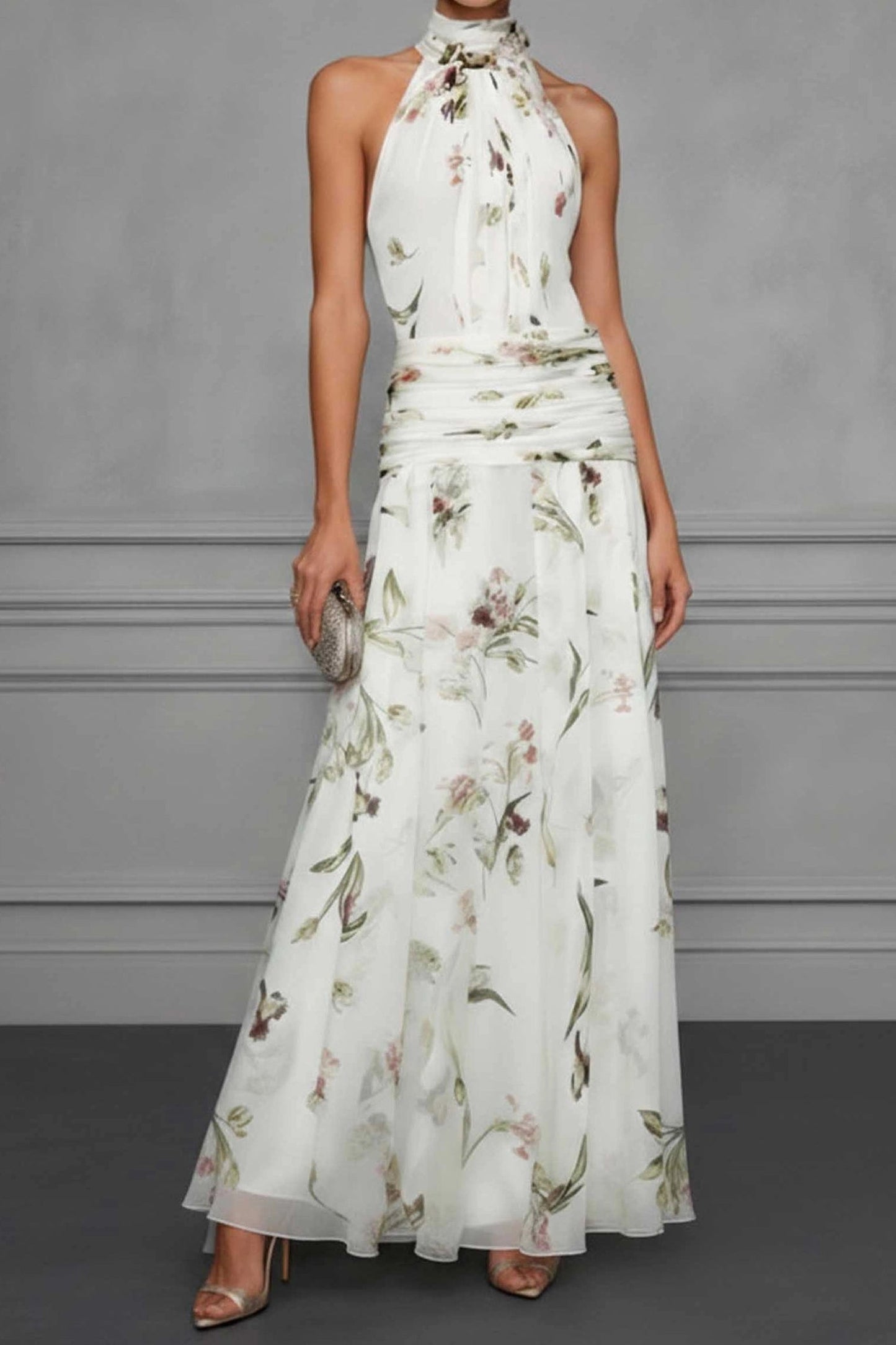 Halter neck floral printed bow tie maxi dress - white