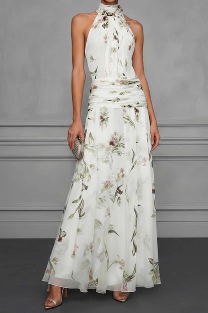 Halter neck floral printed bow tie maxi dress - white