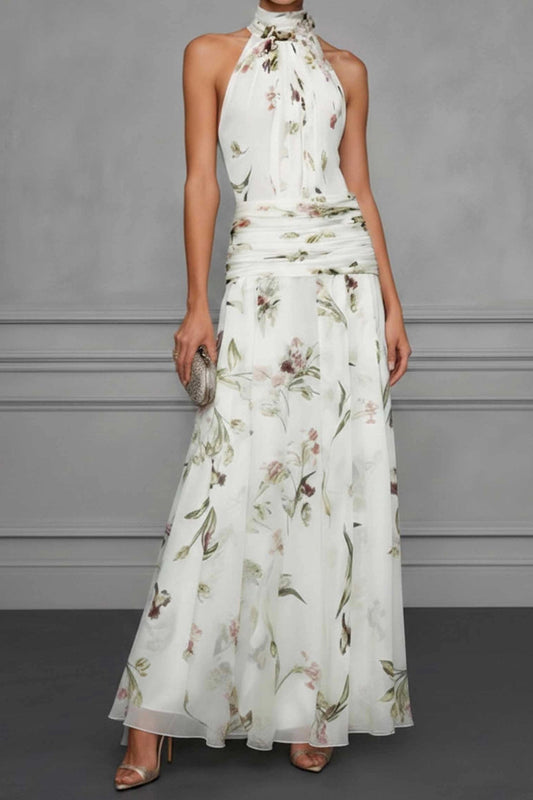 Halter neck floral printed bow tie maxi dress - white