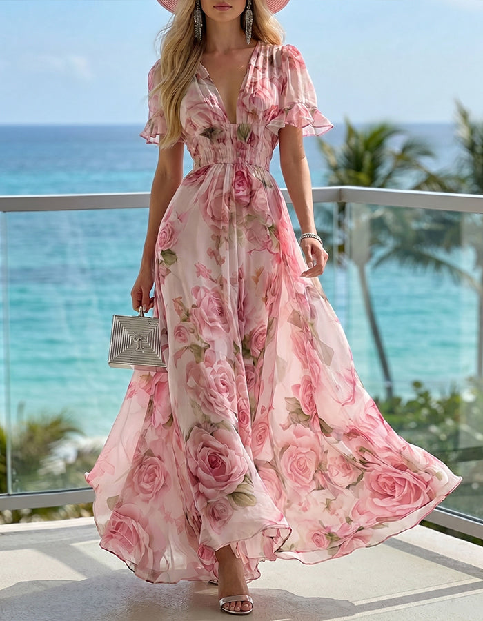Watercolor Pink Rose Print Chiffon Deep V Ruffle Short Sleeve Smocked Waist Maxi Dress