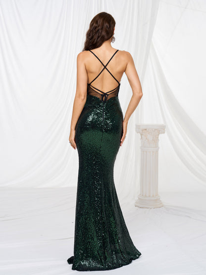 Open Back Sleeveless Sequin Mermaid Dress