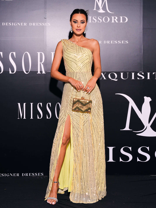 Yellow Sequin One Shoulder Prom Dress